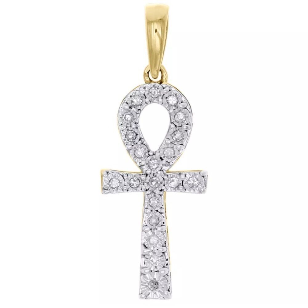 Real 10K Gold & Diamond Ankh Pendant Prong Set NEW